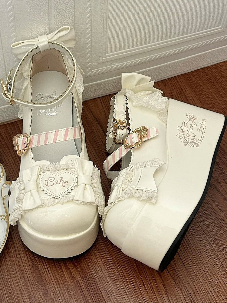 White Sweet Lolita Teddy Bear Themed Platforms with Scalloped Hem, Bow Accents & Heart Snap