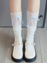 White/White & Pink/White & Blue Bowknot Strap Lace Trim Calf Socks/ Over Knee Stockings