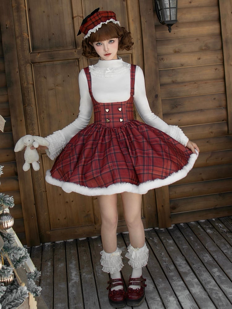 Christmas Red Under Bust Lolita Plaid Dress Boned Waist and Plush Hemline Short Version