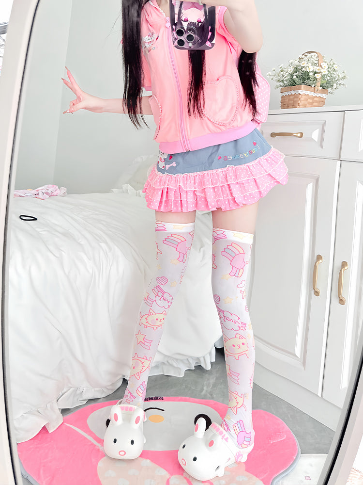 White & Pink Rainbow and Kitty Print Over Knee Stockings