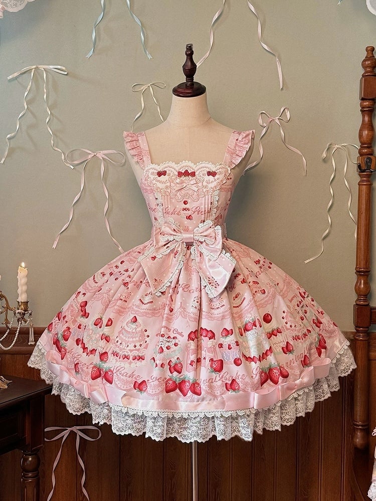 Strawberry and Cake Print Pink Cute Dress Sweet Lolita Jumper Skirt