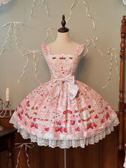 Strawberry and Cake Print Pink Cute Dress Sweet Lolita Jumper Skirt