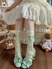White/Green Lily Of The Valley Pattern And Lace Bowknot Calf Socks