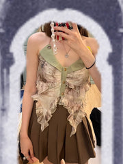 Green Fairycore Halter Neck Mori Kei Summer Top