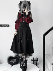 Wine Red Jirai Kei Beaded And Rhinestone Decorated Bowknot Details Ruffles Trim Blouse