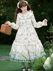 Natural Kei Floral and Bird Print Lolita Long Sleeves Dress with Waist Belt