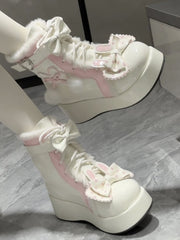 White Sweet Lolita Platform Ankle Boots - Bunny Theme with Plush Lining & Heart Buckle