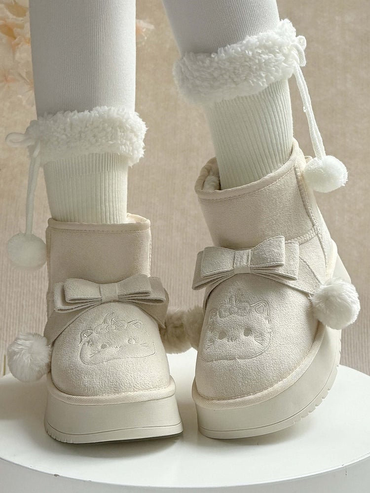 White Sweet Lolita Platform Snow Boots - Pompom Accented Bow with Kitten Embroidery & Plush Lining