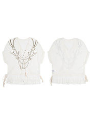 Vinatge Beige Punk V-Neck Floral Embroidered Lace Tiered Top with Drawstrings & Rhinestone Patterns