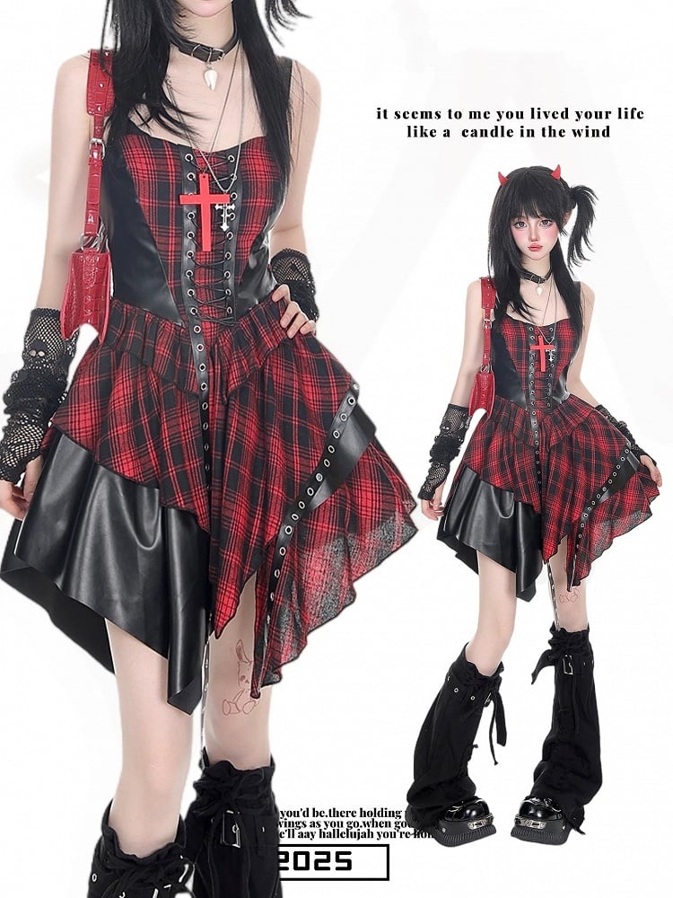 Red Punk Rock Cami Dress with Patchwork, Lace-up Design & Plaid Pattern