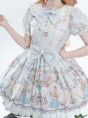 Alice in Wonderland Theme Print Light Blue Sweet Lolita Dress Peter Pan Collar One Piece