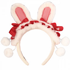 Sweet Lolita White Plush Bunny Ear KC with Red Bows