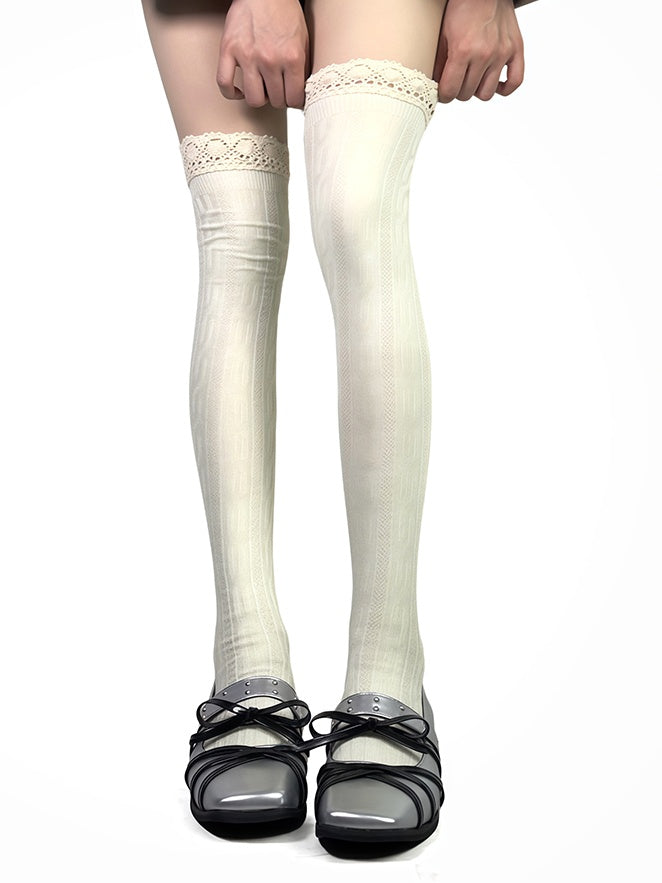 White/Grey/Black Lace Trim Overknee Stockings