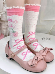 White/Pink Bowknot Puppy Strawberry Pattern Calf Socks