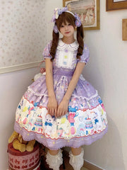 Lamb and Bear Print Purple Short Sleeves Sweet Lolita Peter Pan Collar Dress