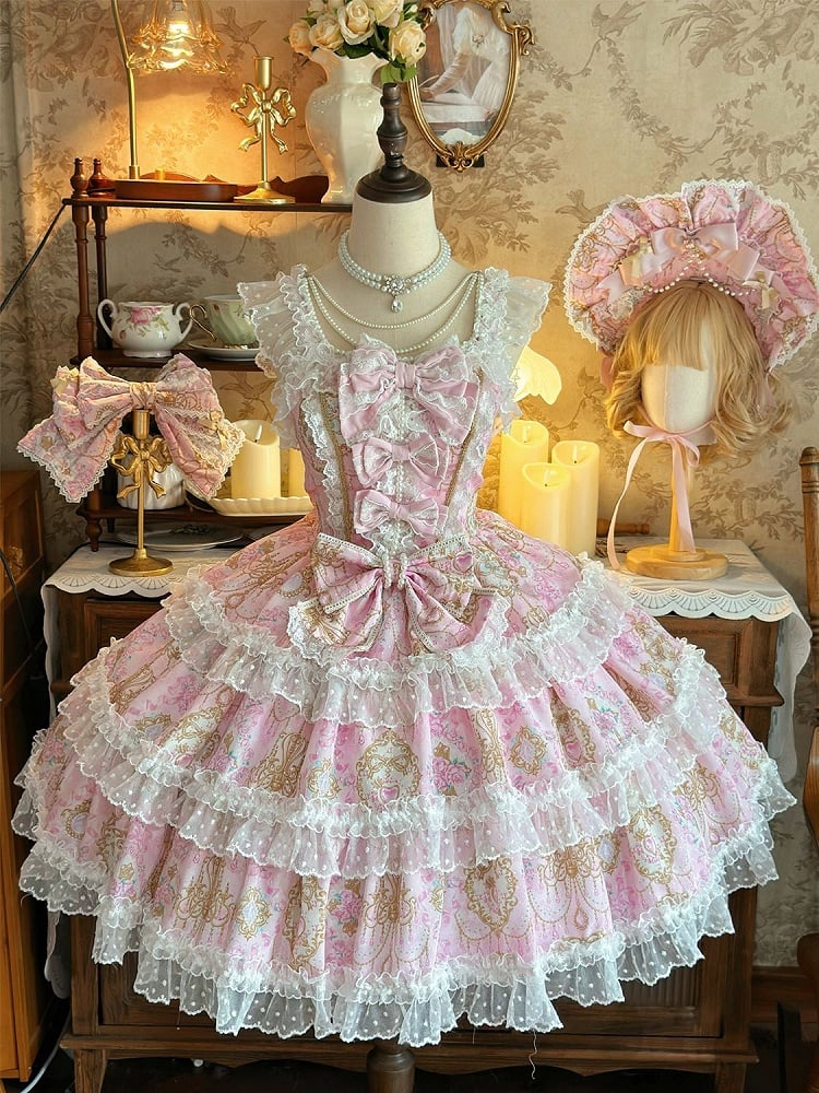 Pink Floral and Crystal Chandelier Print Lolita JSK with Bow Accents