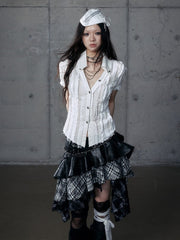 White Wasteland Punk V-Neck Distressed Short Sleeve Blouse with Pintuck Pleats