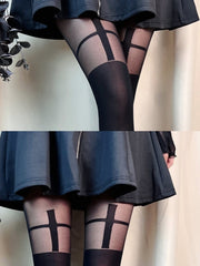 Gothic Punk Inspired Black Semi-sheer Tights with Cross Design