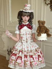 Beige Cake and Bear Print Sweet Lolita JSK Dress with Lace Trim and Bow Details