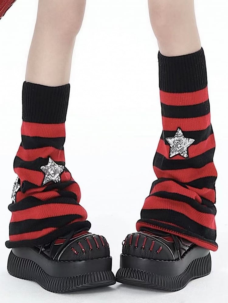Red & Black Striped Punk Leg Warmers with Star Embellishments