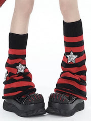 Red & Black Striped Punk Leg Warmers with Star Embellishments