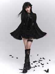 Gothic Black Lace-Trimmed Crop Shrug with Bell Sleeves & Cross-Tie Closure