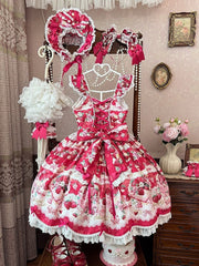 Red Flutter Sleeves Sweetheart Applique Sweet Lolita JSK Dress with Strawberry Cake Print
