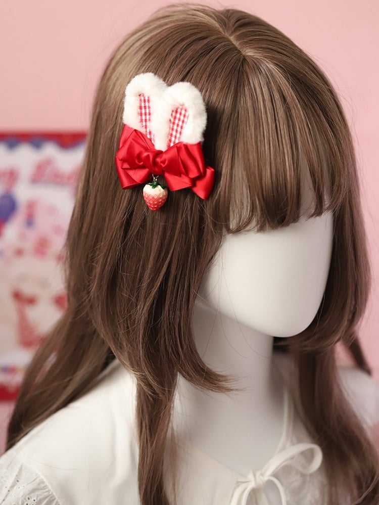 Sweet Lolita Plush Bunny Ear Strawberry Charm Bowknot Hairclip