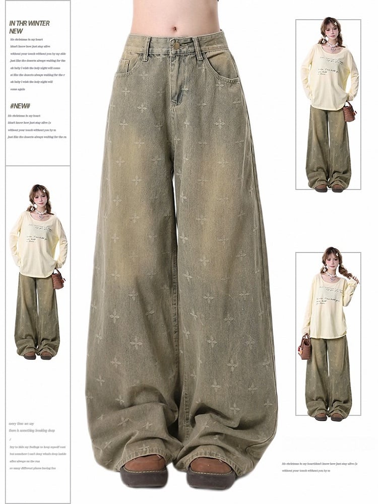 Vintage Faded Wash Blue Wide-Leg Jeans with Patterned Detailing