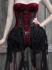 Gothic Black and Red Bustier Corset Lace-up Top Drawstring Hem