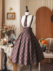 Vintage Preppy Style Red High Waist Plaid Overall Skirt with Tonal Tie