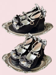 Satin Black Sweet Lolita Mary Janes - Low Heel with Lace Trim & Beaded Heart Snap