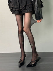Y2K Black Rhinestoned Star Tights