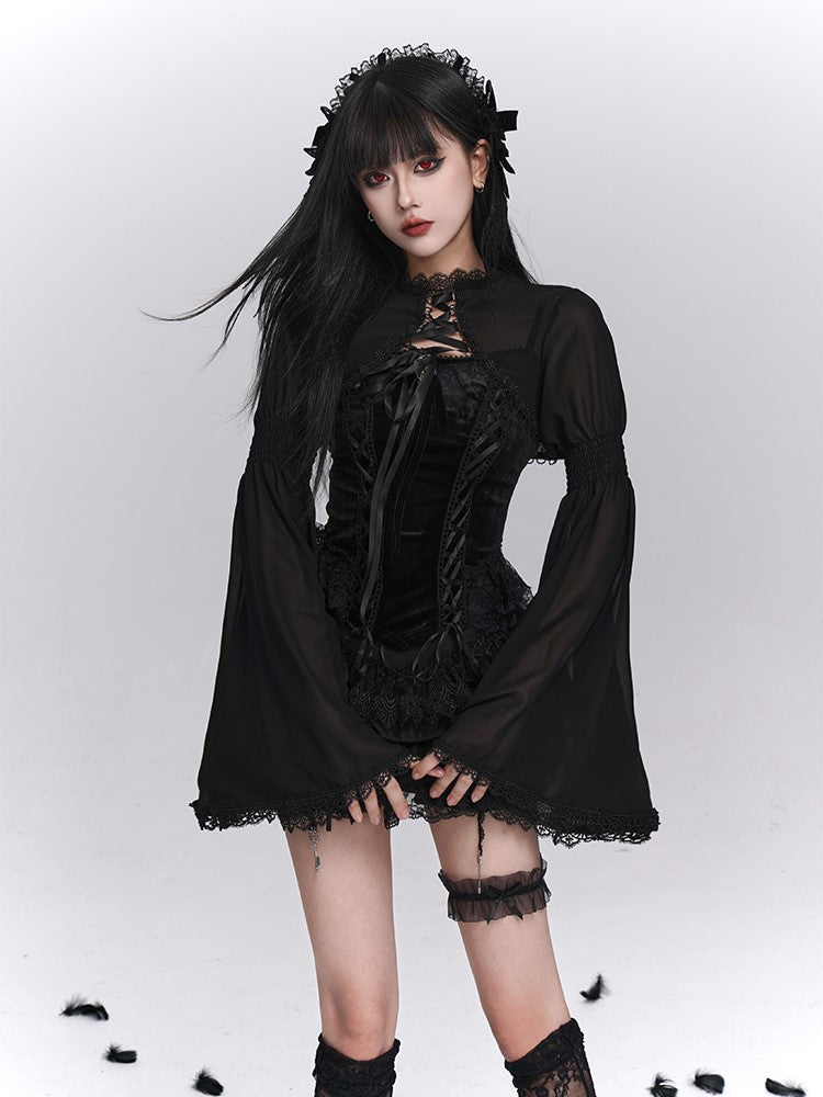Gothic Black Lace-Trimmed Crop Shrug with Bell Sleeves & Cross-Tie Closure