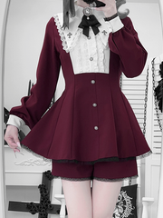 Clearance - Size L for Bust 94cm Deep Wine Red Jirai Kei Full Set: Dress with Cross Embroidered Pointed Collar, Shorts & Bow Tie