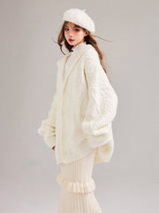 White Loose Hooded Cardigan with Button Placket