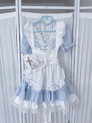 Sweet Lolita Maid Dress in Blue | Lace-Up Back & Detachable Apron with Heart Brooch