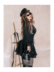 Plus Size Y2K Gothic Black Striped Tiered Skirt with Floral Embroidered Lace Trim