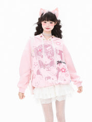 White/Pink Winged Hoodie with Cartoon Girl Print and Lace Drawstrings