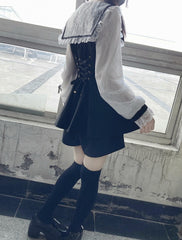 Jirai Kei Black Full Set: Lace Sailor Collar Mini Dress with Mesh Long Sleeves, Shorts & Detachable Bow Tie