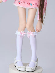White Lolita Bunny Ears Bow Ruffle Calf Socks