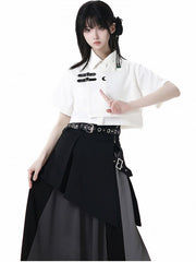 White/Gray Leather Buckles Cheongsam Style Short Sleeves Cropped Shirt with Tie