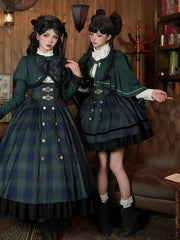 Preppy Style Green Plaid Pattern Lolita Set - Short Version JSK + Shirt + Witch Hooded Cape