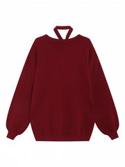 Wine Red Bishop Sleeve Sweater with White Bow-Adorned Rabbit Graphic & Neck Strap