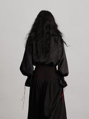 Urban Goth Black Subtle Pattern Drawstring Shirt with Red Button Brooch Decoration