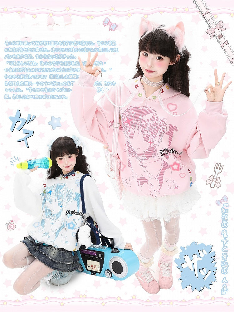 White/Pink Winged Hoodie with Cartoon Girl Print and Lace Drawstrings