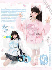 White/Pink Winged Hoodie with Cartoon Girl Print and Lace Drawstrings