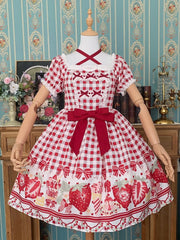 Plus Size Red Strawberry and Bow Print Lolita Gingham Dress