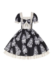 Black Doll Print Ruffle Trim Square Neckline Gothic One Piece