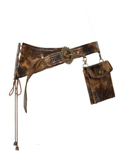 Vintage Punk Brown PU Waist Belt with Lace-Up Side & Utility Pocket
